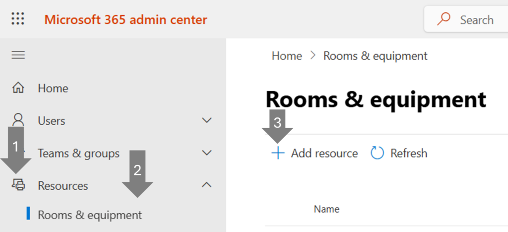 M365 Admin center screen shot. Add room resource